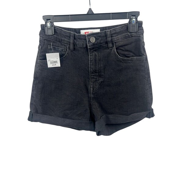 NYC Trends Women's Black Denim Shorts Sz 26 High Rise Roll Tab Whimsygoth Casual - Picture 1 of 8